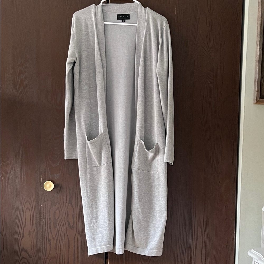 Premise long sleeved, long light gray sweater. Size Large.